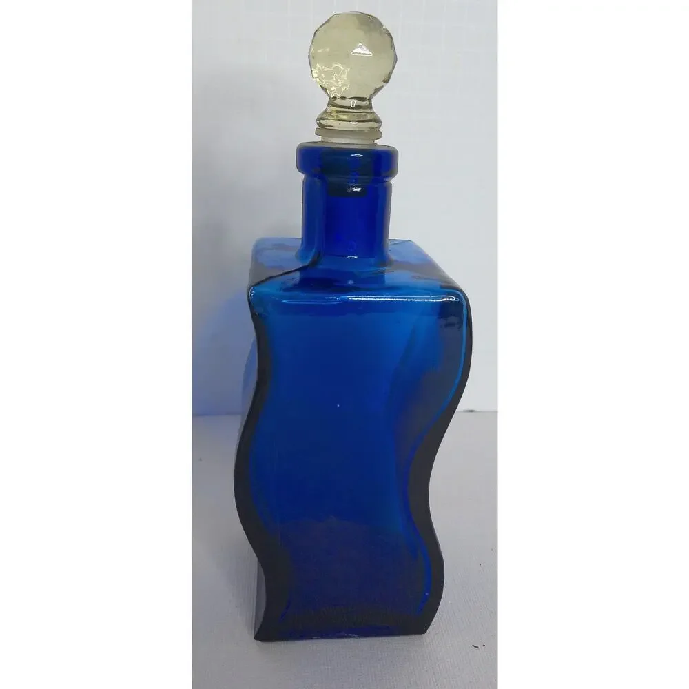 Cobalt Blue Wavy Glass Bottle Vase Hand Blown Recycled Style Decor